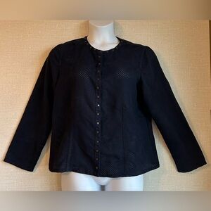 Chicos Womens Navy Blue Eyelet Jacket Size 2 Large 12 Square Studs Snap Close